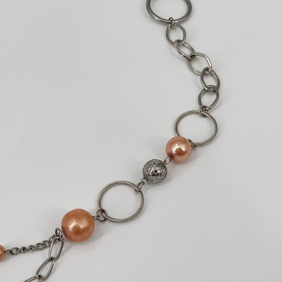 Long Silver-Tone Chain Necklace with Peach Beads 32"-35" Lobster Clasp Y2K Style - Picture 5 of 7